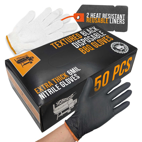 HDMNDD Black Disposable BBQ Grill Gloves Kit - 50 Heavy Duty Textured Grip and 2 Heat Resistant Reusable Liners Meat Pulling (Full Palm & Finger Texture, X-Large) HDMNDD