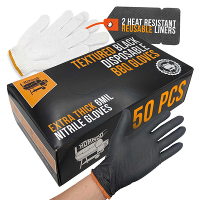 HDMNDD Black Disposable BBQ Grill Gloves Kit - 50 Heavy Duty Textured Grip and 2 Heat Resistant Reusable Liners Meat Pulling (Full Palm & Finger Texture, X-Large)