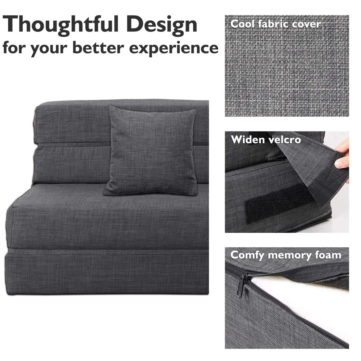 ANONER 60" Fold Sofa Bed Couch Memory Foam with 2 Pillows Futon Sleeper Chair Guest Bed and Fold Out Couch, Washable Cover Queen Size, Dark Gray ANONER