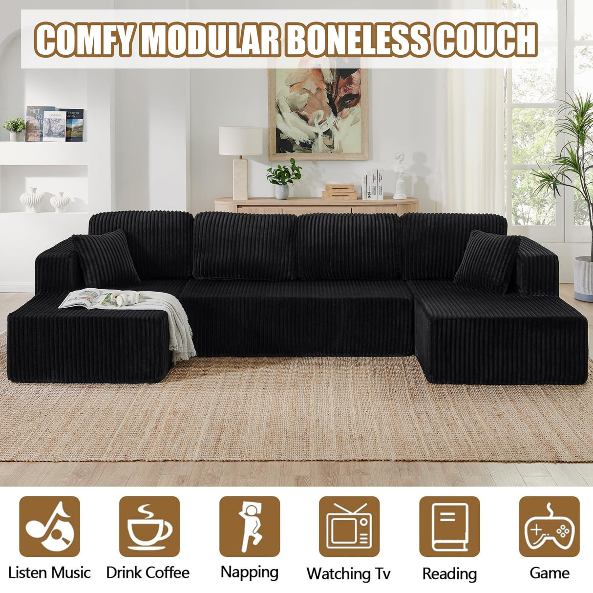 132" Boneless Sectional Cloud Couch Sofa for Living Room, U-Shaped Couch with Double Chaise Lounge, Comfy Memory Foam Modular Sofas Couches for Living Room (Black, 132.48" U-Shaped) OUEEEDD