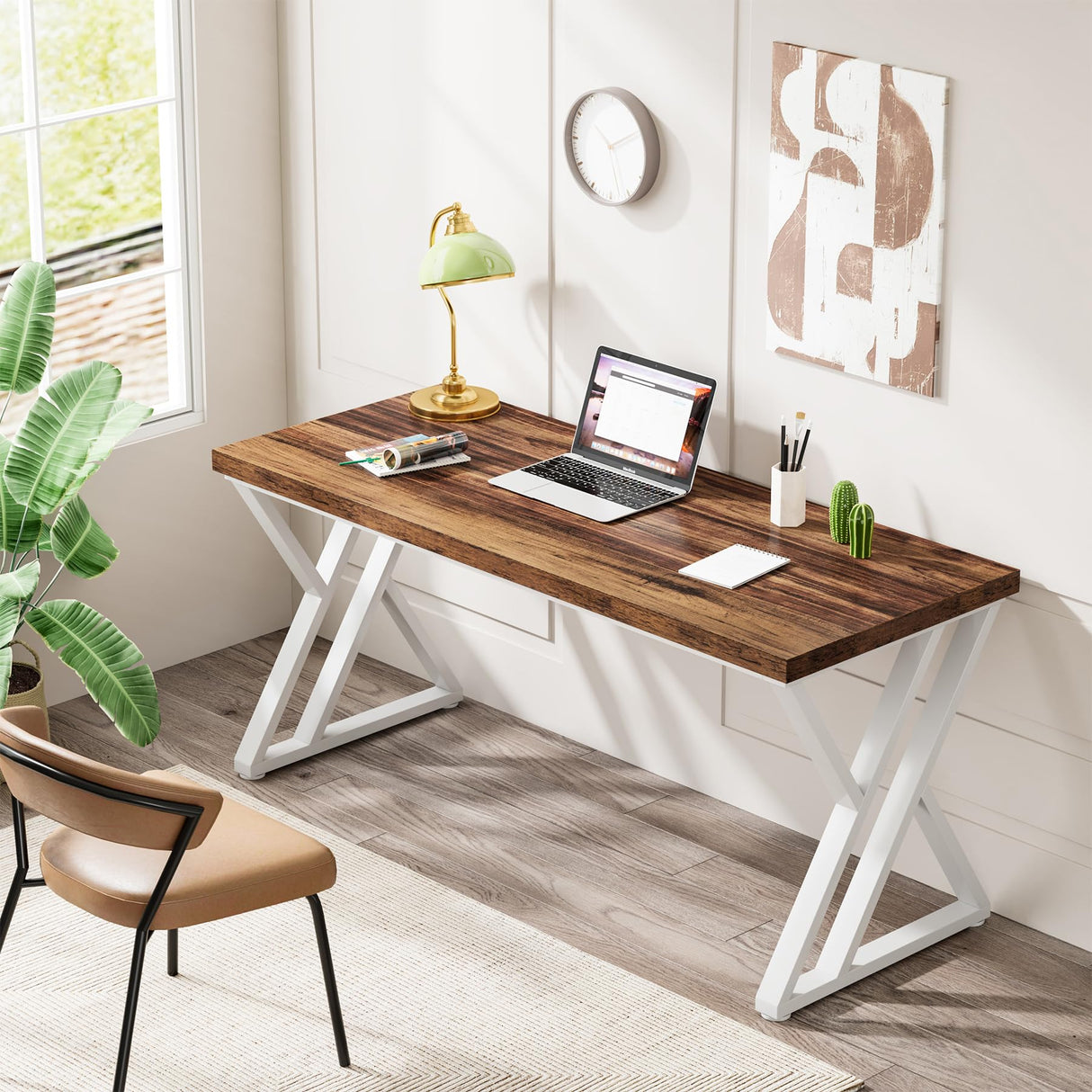 Tribesigns Modern Walnut/White 55" Heavy Duty Computer Desk, Study & Work Desk, 23.6"D x 55.1"W x 29.5"H, Z-Shaped Metal Legs, 330 lbs Capacity Tribesigns