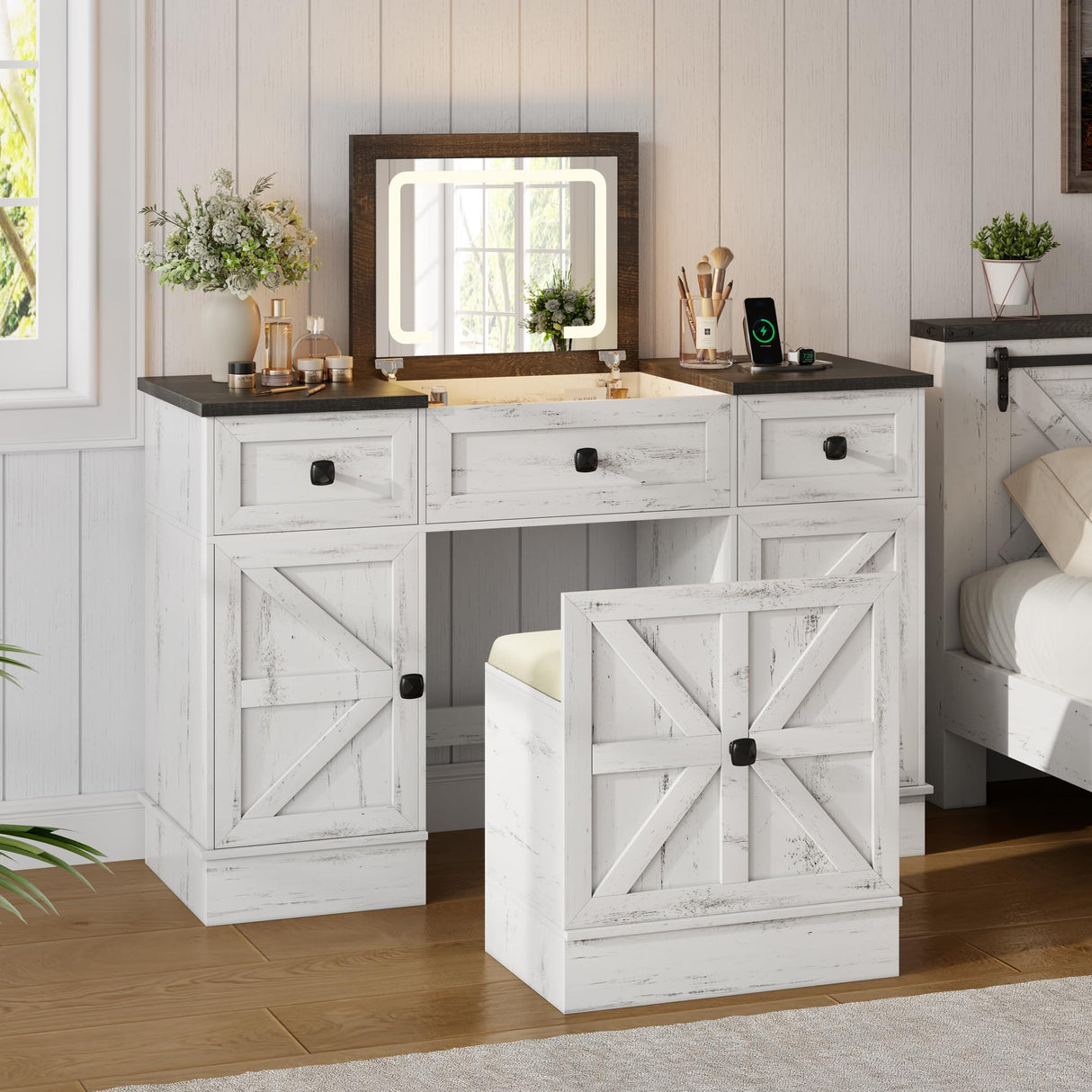 JDPAG Farmhouse Vanity Desk with Flip Top Mirror and Lights, Makeup Vanity Table with 2 Adjustable cabinets,2 Drawers and Hidden Storage Stool, Charging Dressing Table Set for Bedroom,White JDPAG