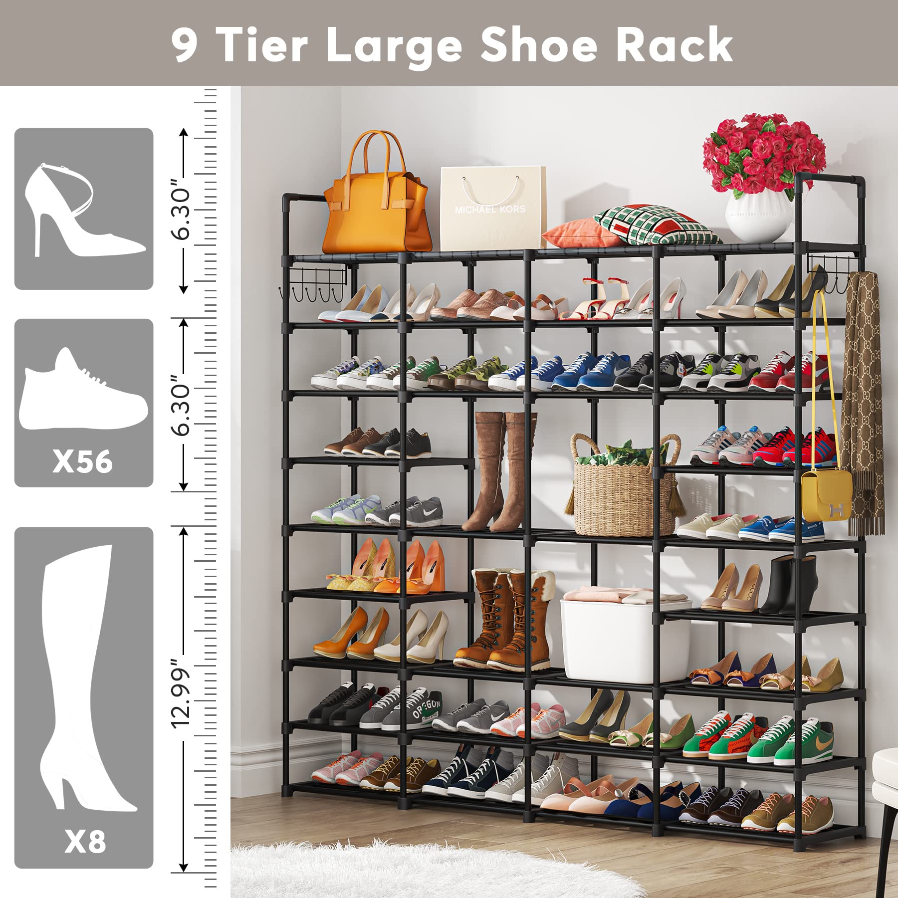 Tribesigns Large Shoe Rack Organizer Closet for Entryway Bedroom Hallway, 9 Tier 72 Pair Heavy Duty Shoes Shelf Storage with Side Metal Hook, Black - WoodArtSupply