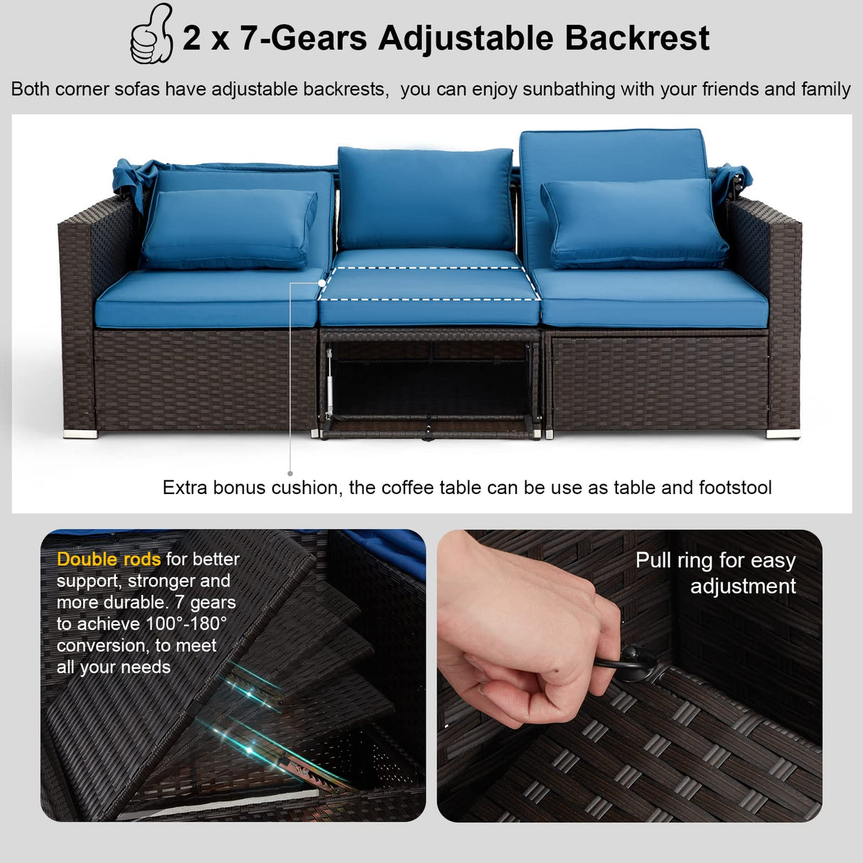 HOMREST 6 Pieces Patio Furniture Sets, Rattan Daybed with Retractable Canopy, Outdoor Sectional Sofa Set with Adjustable Backrest, Chaise Chair Sunbed for Garden Poolside Backyard (Blue) HOMREST