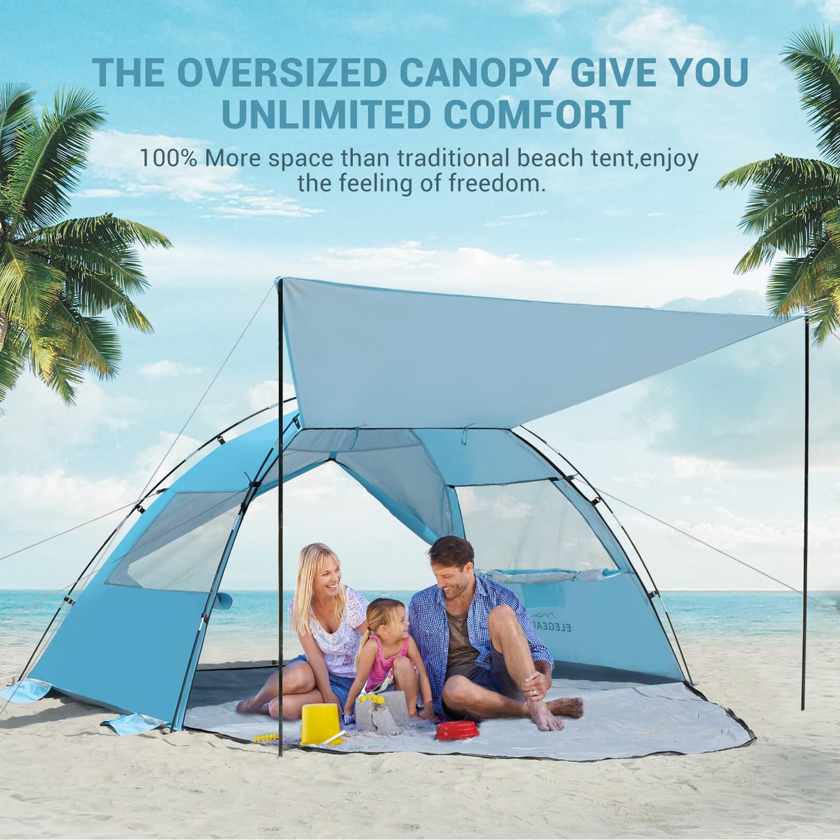 Elegear Beach Tent Sun Shelter with Canopy, 4-5 Person Pop Up Beach Tent, Easy Setup UPF 50+ UV Protection Portable Lightweight Double Silver Coating Beach Cabana Sun Shade Shelter - Sky Blue Elegear