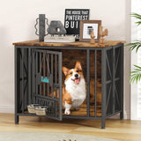 Easycom Dog Crate Furniture, 31.5" Assembly-Free Dog Crates for Small & Medium Dogs, Foldable Dog Kennel Indoor with Tag & Adjustable Dog Bowls, Wooden Dog Cage Use as End Table, Rustic Brown EasyCom