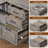 SEDETA Executive Desk, 61" Farmhouse L Shaped Desk with File Drawers, Office Desk with Drawers and Power Outlets, Computer Desk with Storage Shelves for Home Office, Grey SEDETA