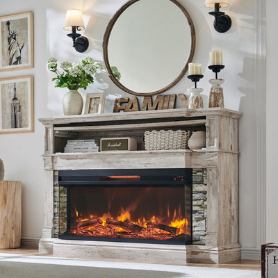 RedLemon 3-Sided Glass Fireplace TV Stand for TVs up to 65'', 52'' Electric Fireplace with Mantel, 36'' Tall Highboy Farmhouse Entertainment Center with Storage for Living Room, Antique Brush White