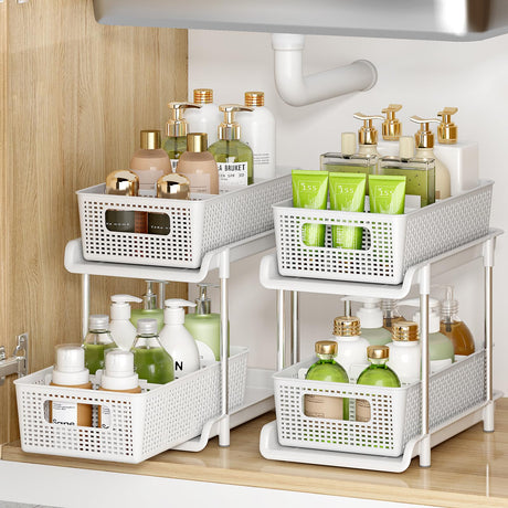 RIKOJUXI Bathroom Organizer with Dividers, 2Pcs 2 Tier Stackable Under Sink Organizers and Storage Cabinet Organizers for Bathroom Kitchen Pantry Organization and Storage, Medicine Cabinet Organizer RIKOJUXI