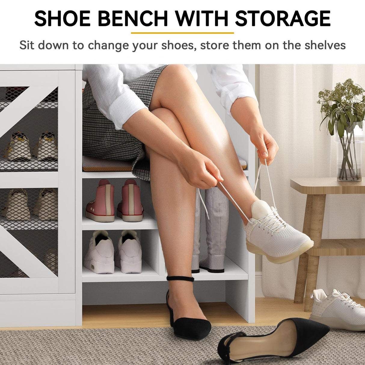 DWVO Farmhouse Hall Tree with Shoe Storage & Coat Rack Entryway Organizer with 18 Adjustable Shoe Cubbies 12 Hooks White Shoe Cabinet for Hallway DWVO