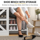 DWVO Farmhouse Hall Tree with Shoe Storage & Coat Rack Entryway Organizer with 18 Adjustable Shoe Cubbies 12 Hooks White Shoe Cabinet for Hallway DWVO