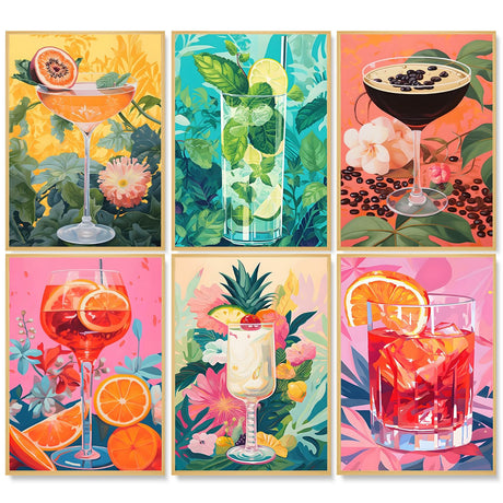 6 Pack Paint by Numbers Kit for Adults, Cocktail Adult Paint by Number Kits on Canvas Without Frame for Beginner, Vintage Cocktail Acrylic Oil Painting by Numbers Kits for Home Decor 10 x 14 Inch Camocin