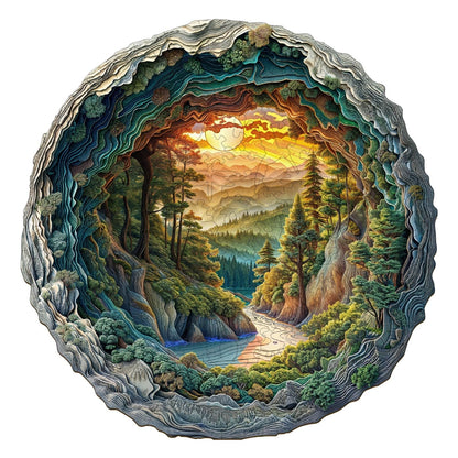 Wooden Puzzles for Adults, 3D Vision Effects Cave Forest Wooden Jigsaw Puzzles for Adults, Unique Shape, Hill Sunset Forest Trail Landscape Wood Puzzles Adult, Home Decor (S-8.5 * 8.4in-100 pcs)