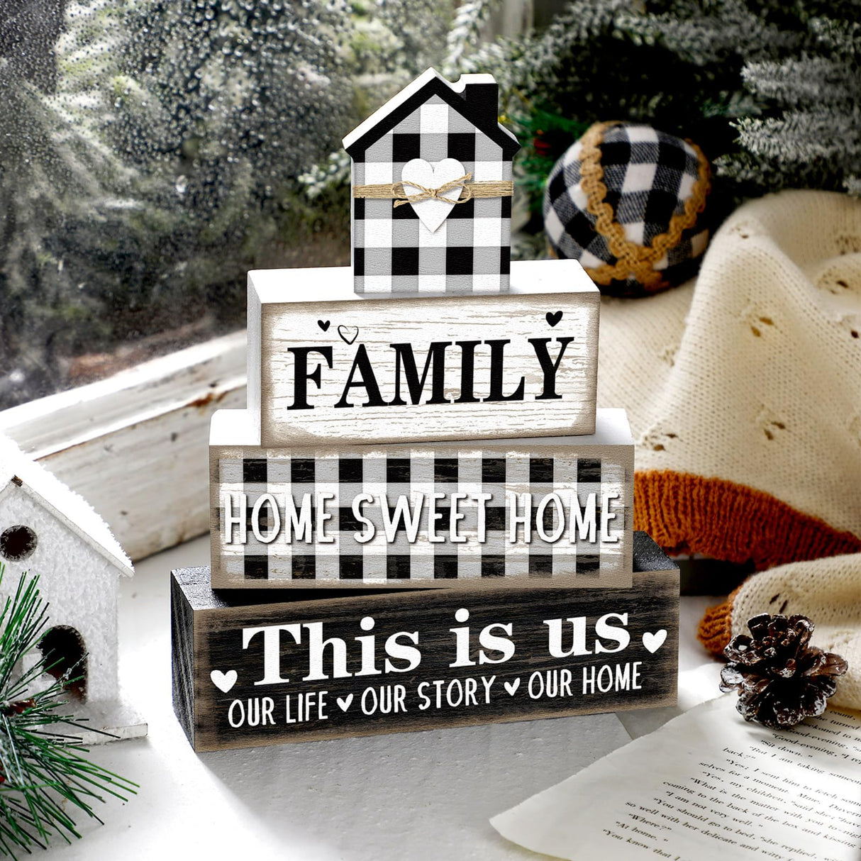 Cinnvoice Farmhouse Wooden Tabletop Decor Home Tiered Tray Decor Rustic Retro Family Home Sweet Home This Is Us Wood Sign Neutral Decorations for Coffee Shelf Desk Centerpiece Decoration Cinnvoice