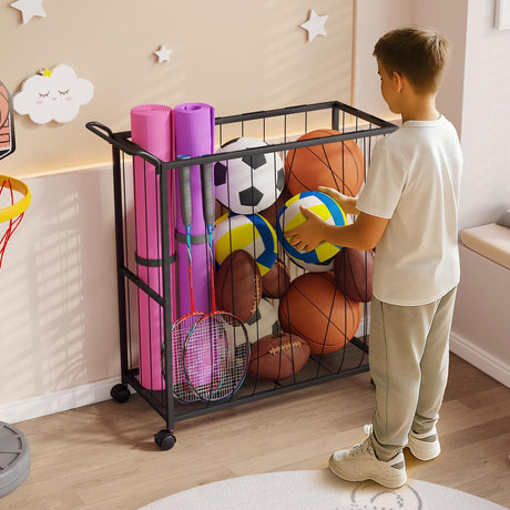 Homsorout Ball Storage Bin Rolling Sports Ball Cart, Metal Garage Organizer Sport Rack, Ball Basket Storage, Ball Cage for Garage or Gym, Indoor & Outdoor Sports Equipment Organizer Black Homsorout