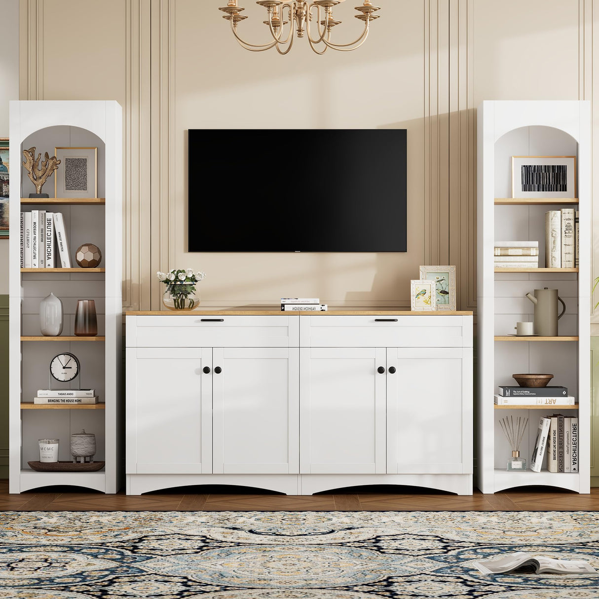 Merax Minimalist Entertainment Wall Unit Set with Ample Storage Space and Adjustable Shelves, TV Stand for Televisions Up to 70'', Mid-Century Large Media Console for Living Room, White Merax