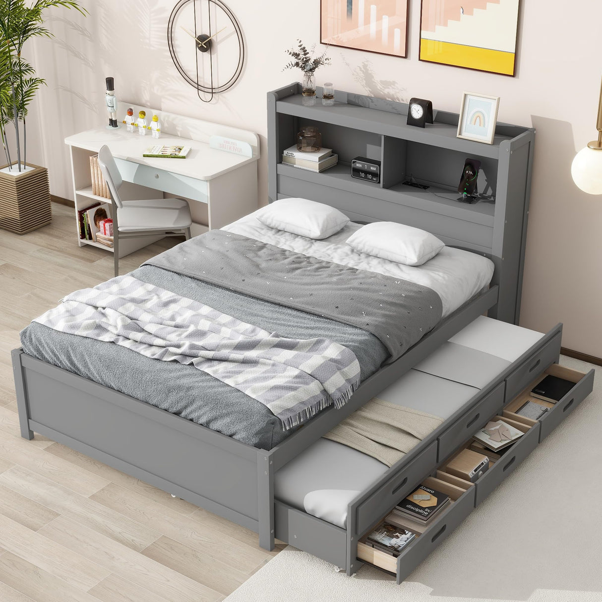 Harper & Bright Designs Gray Full Size Platform Bed with Twin Size Trundle,Bookcase Headboard,Charging Station and 3 Drawers,Wood Full Storage Bed Frame for Kids,Teens,Adults,No Box Spring Needed Harper & Bright Designs