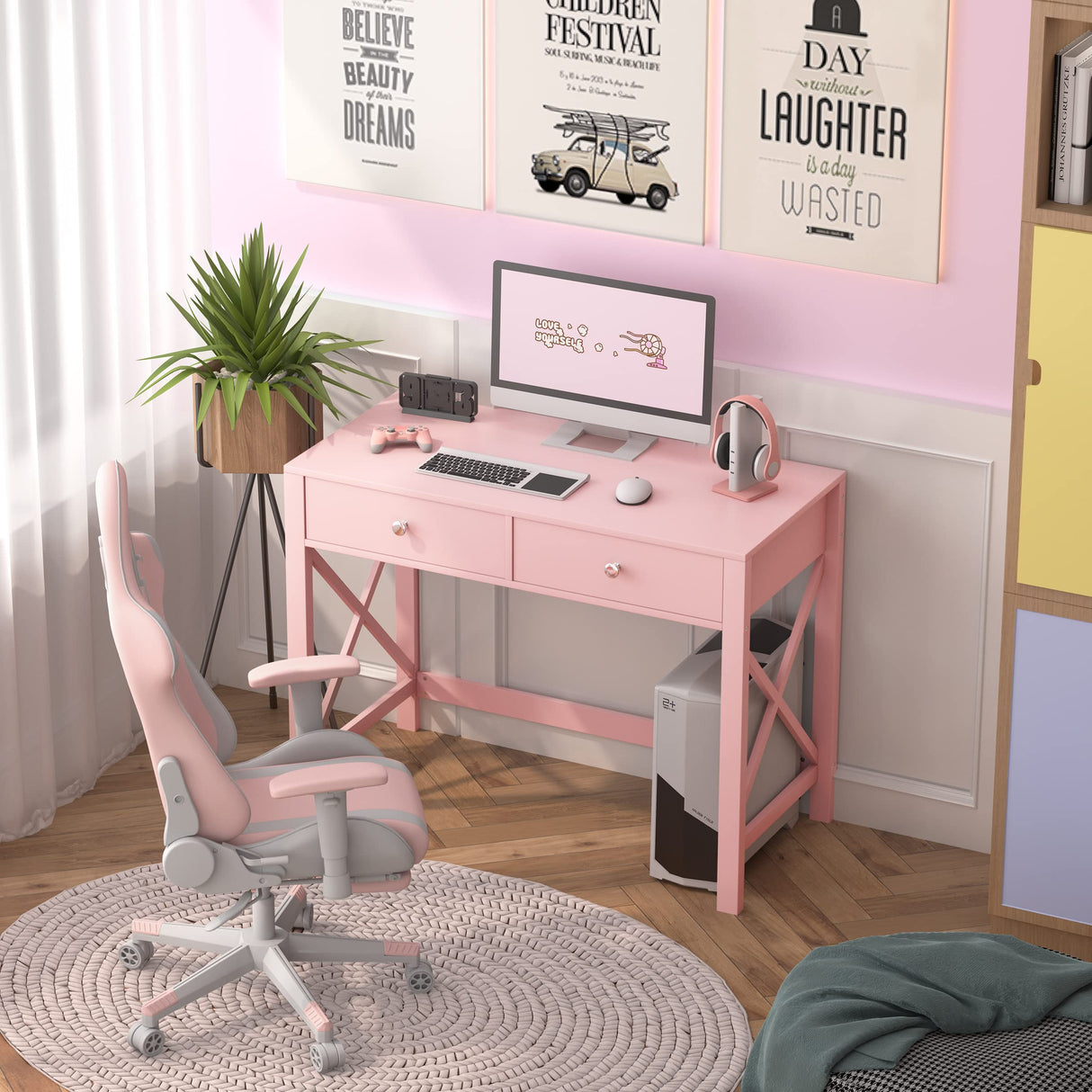 WiberWi Home Office Desk with Drawers, Modern Writing Computer Desk for Bedroom, Small Pink Makeup Vanity Table Desk for Girls, Study Table for Home Office WiberWi