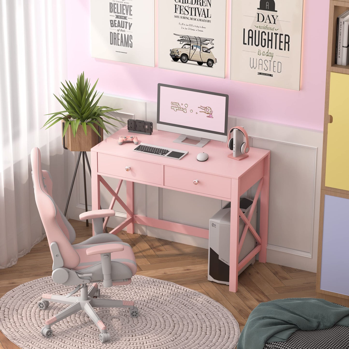 WiberWi Home Office Desk with Drawers, Modern Writing Computer Desk for Bedroom, Small Pink Makeup Vanity Table Desk for Girls, Study Table for Home Office