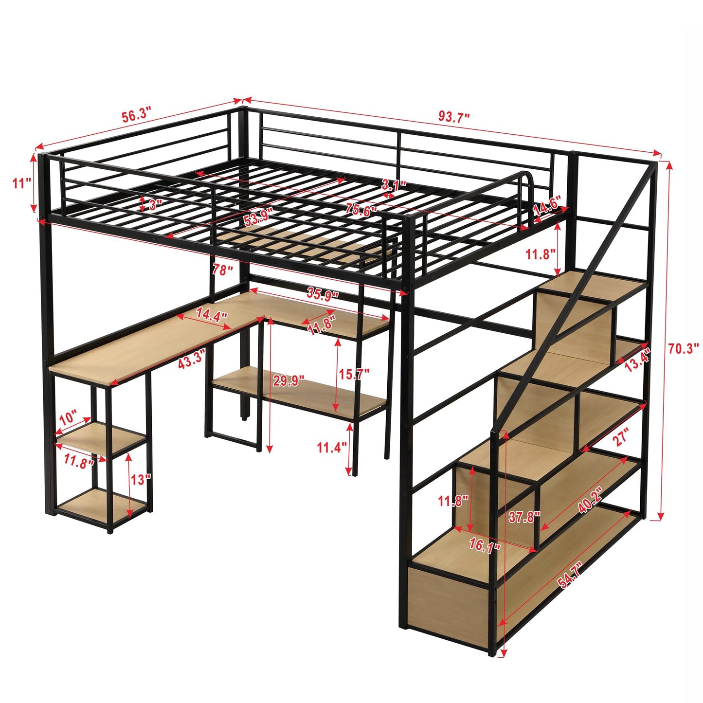 Bellemave Full Size Metal Loft Bed with Desk, Stairs, and Storage in Black - WoodArtSupply