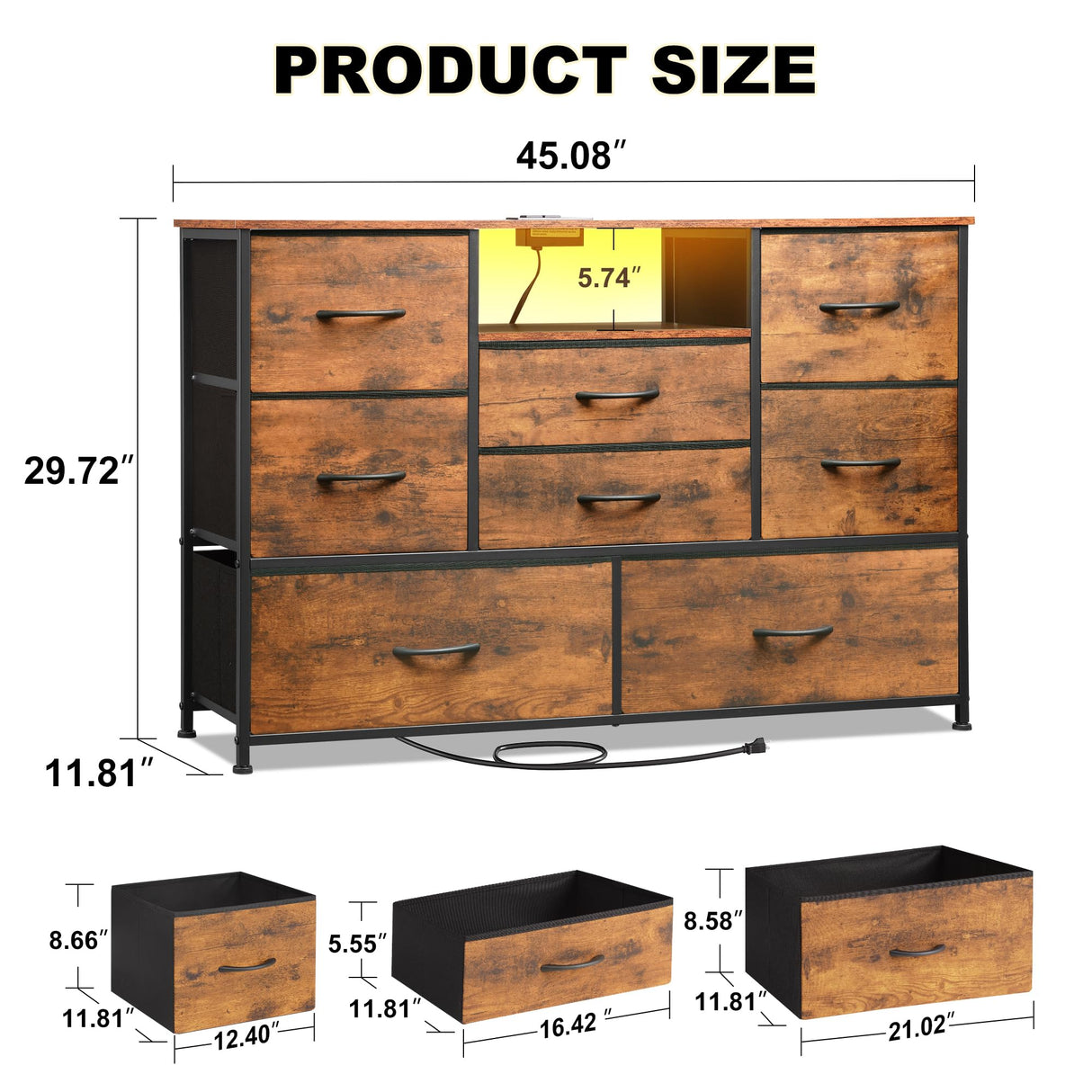 EKNKOZY Dresser TV Stand with 8 Drawers, Dresser TV Stand with LED Lights & Power Outlets, Bedroom Dresser, Chest of Drawers for 55'' Long TV, Wide Fabric Dresser (Rustic Brown) EKNKOZY