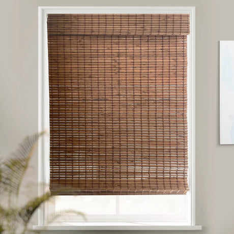 MOOD Custom Bamboo Shades | Rustic | Cordless Bamboo Roman Shades for Windows and Doors (Natural Woven) | Rustic Walnut (Great Privacy) | 35" W X 72" H Mood