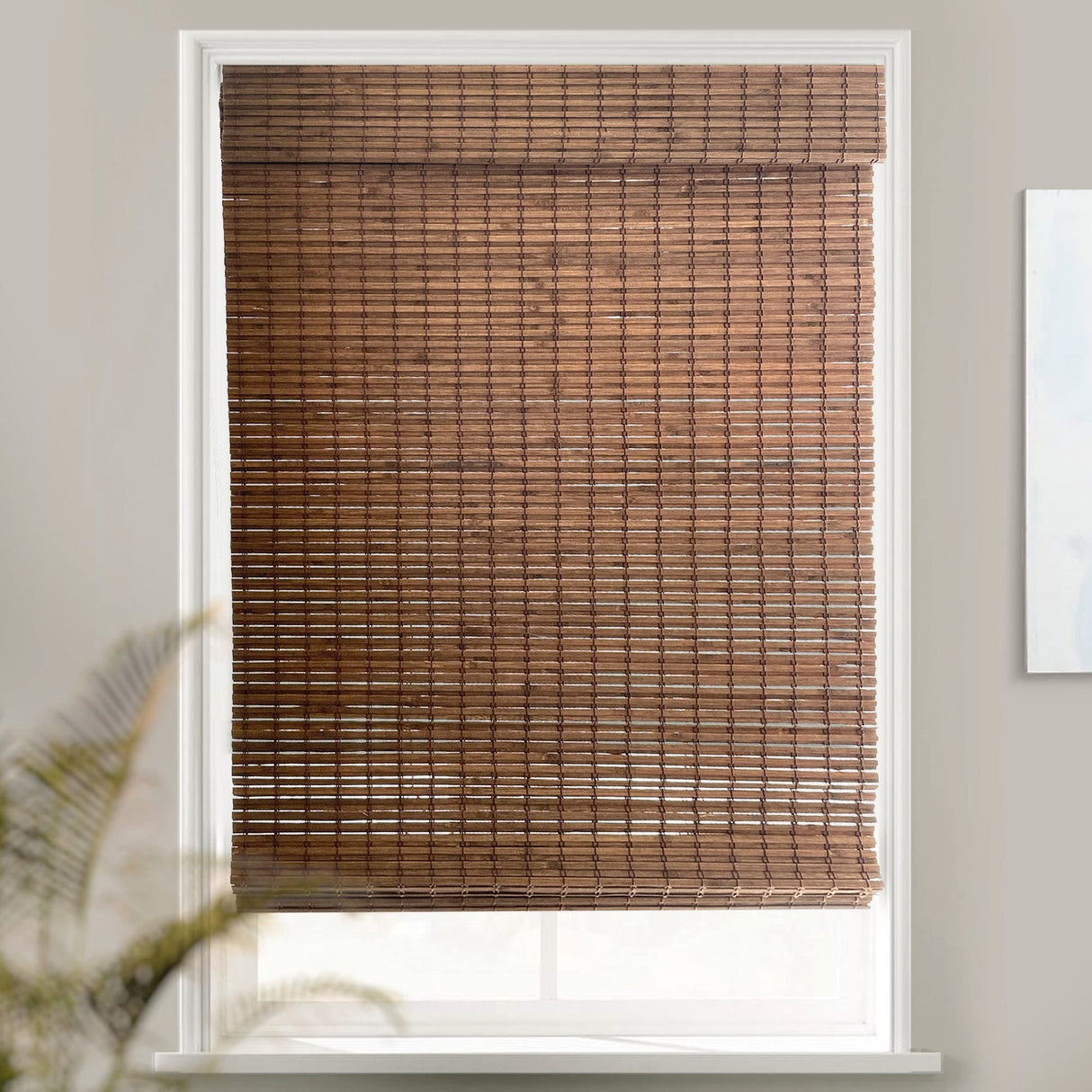 MOOD Custom Bamboo Shades | Rustic | Cordless Bamboo Roman Shades for Windows and Doors (Natural Woven) | Rustic Walnut (Great Privacy) | 31" W X 36" H Mood