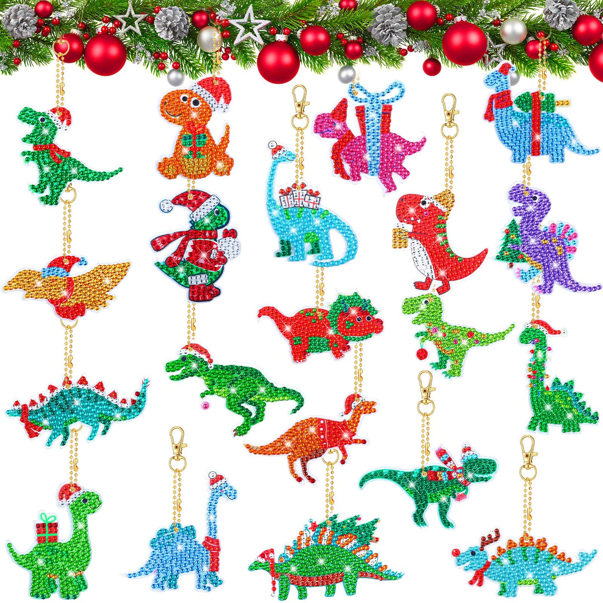 20 Pcs Christmas Dinosaur Diamond Art Keychains Diamond Painting Keychains 5D DIY Diamond Art Kits Dinosaur Gem Diamond Keychains Diamond Key Rings for Adults Beginners Holiday Craft Decoration Tudomro