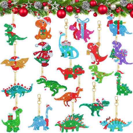 20 Pcs Christmas Dinosaur Diamond Art Keychains Diamond Painting Keychains 5D DIY Diamond Art Kits Dinosaur Gem Diamond Keychains Diamond Key Rings for Adults Beginners Holiday Craft Decoration Tudomro