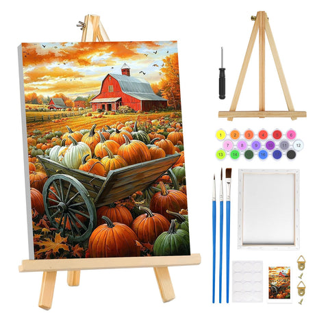 MOGTAA Fall Pumpkin Paint by Numbers Kit for Adults Beginners with Frame, Autumn Farm Adult Paint by Number Kits on Canvas with Easel, Easy DIY Oil Painting Kits for Home Decor, 8x12in MOGTAA