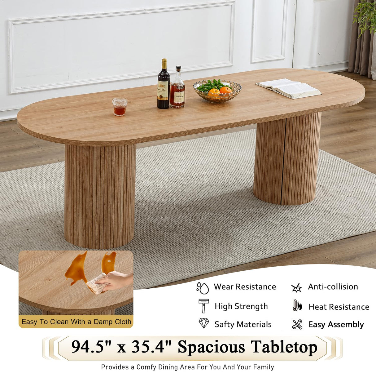 63"-94" Large Extendable Dining Room Table Set for 10, 11-Piece Oval Dining Table Set with 10 Beige Upholstered Chairs, Space Saving Farmhouse Expandable Kitchen Table Set with Fluted Wood Base Pvillez