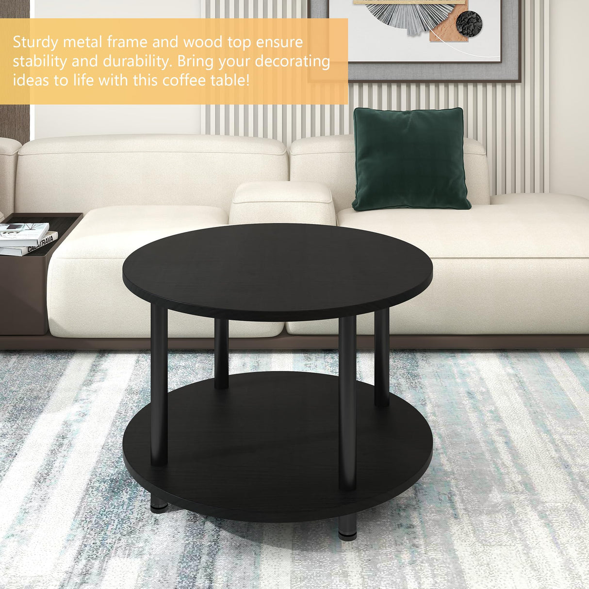VERFARM 23.6" Round Coffee Table, 2-Tier Small Circle Coffee Table with Storage, Modern Center Accent Table with Metal Frame, Side Table End Table for Small Space, Living Room, Office, Black VERFARM