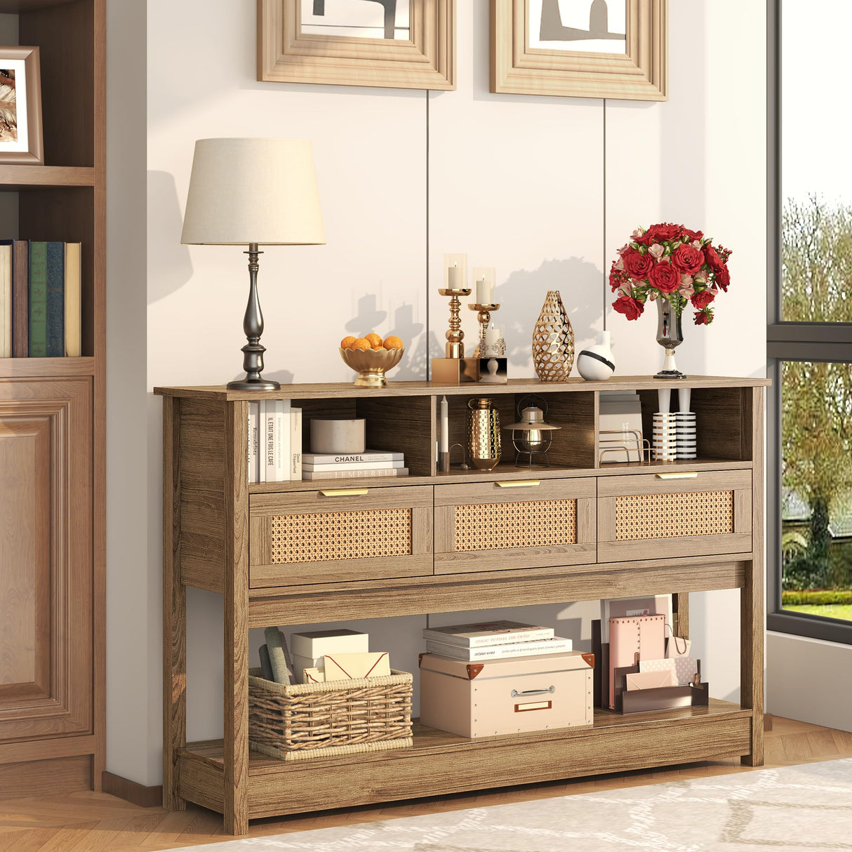 knoworld Rattan Console Table, Entryway Table Sofa Table with Storage, Hallway Foyer Table Behind Couch Table, Wood Console Tables Open Storage Shelf for Living Room, Hallway knoworld