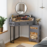 Corner Vanity with Mirror and Lights,Modern Makeup Vanity with Charging Station for Bedroom/Cloakroom,Glass Top Vanity Desk with Drawers and Shelves,Grey Dystler