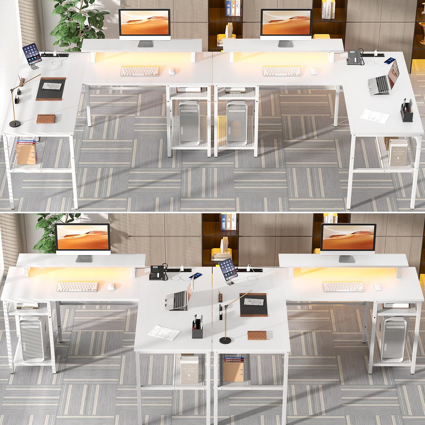 Unikito Reversible L Shaped Desk with Power Outlets and Smart LED Light, 55 Inch Computer Office Desk, Unique Grid Design, Corner Writing Gaming Table with Monitor Stand and Storage Shelf, White