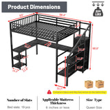 Queen Size Loft Bed with Desk,Metal Heavy Duty Queen Loft Beds with Stairs,Wardrobe and Shelves, High Gaming LoftBed with LED Light and USB Charging Station for Adults,Teens, Black Mirightone