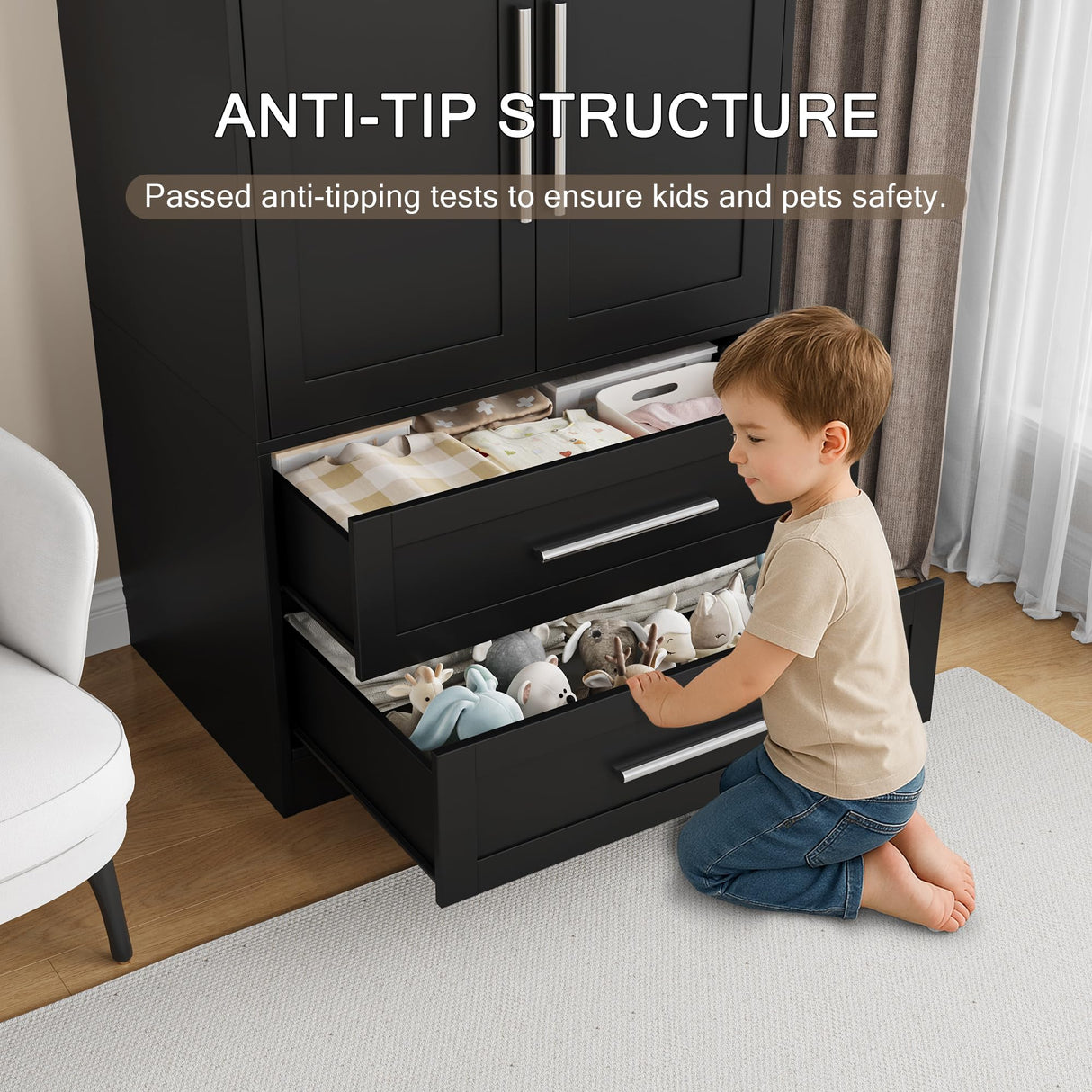 Einhomn Wooden Armoire Wardrobe Closet with 2 Doors and 2 Drawers,Freestanding Armoire Storage Cabinet with Shelves,Tall Clothing Storage Cabinet Suitable for Bedroom,Black Einhomn