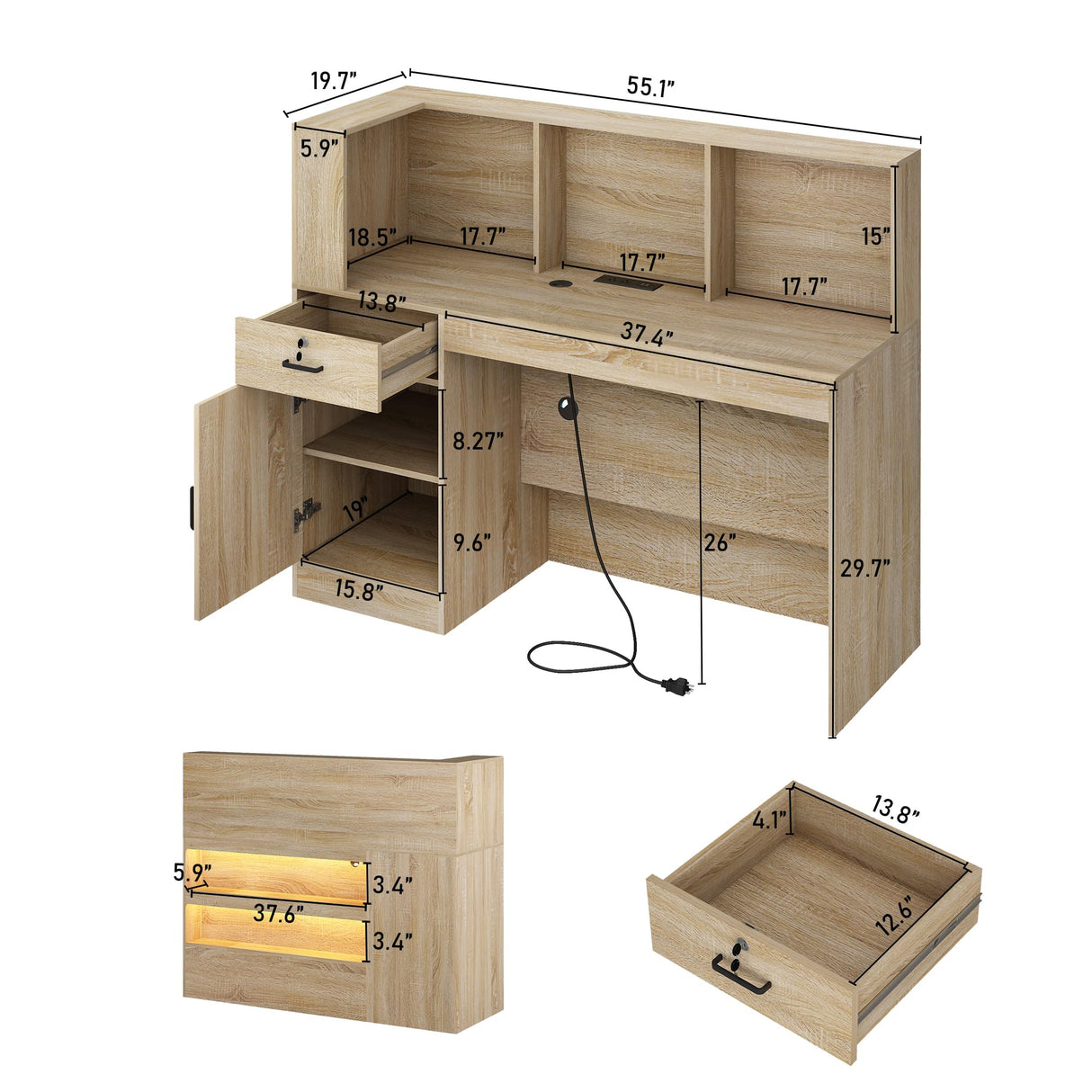 55" Reception Desk with LED Lights Power Outlets,L-Shaped Modern Front Desk Reception Room Table with Cable Grommet,Lockable Drawers,Retail Checkout Counter for Lobby,Salon,Home Office Desk,Oak Hlivelood