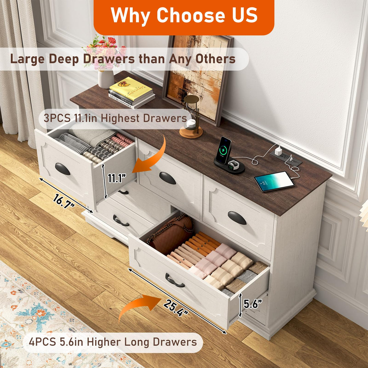 chartustriable 55" Farmhouse 7 Drawers Dresser Chests for Bedroom w/Deep Big Drawers, Tall Wide Wood Country Rustic Chest of Drawers, Storage Dressers for Bedroom, Living Room,Antique White chartustriable