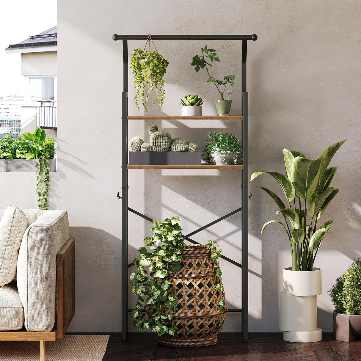 YATINEY Over The Toilet Storage, 2-Tier Bathroom Organizer Shelves with Hooks, Multifunctional Vertical The Toilet Shelf Storage Rack for Bathroom, Rustic Brown and Black TR01BR YATINEY