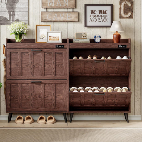 ChooChoo Shoe Storage Cabinet with 2 Flip Drawers, Deodorizing Shoe Organizer Storage for Entryway, Freestanding Hidden Slim Narrow Shoe Rack Cabinet, Walnut ChooChoo
