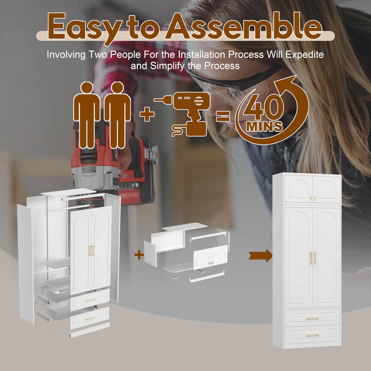 UNICOLY 86" Wardrobe with Drawers, 71'' Armoire Wardrobe Closet with 15" Cabinet, Metal Clothes Storage Cabinet with Hanging Rod, for Bedroom School, Employee, Gym, Assembly Required, White UNICOLY