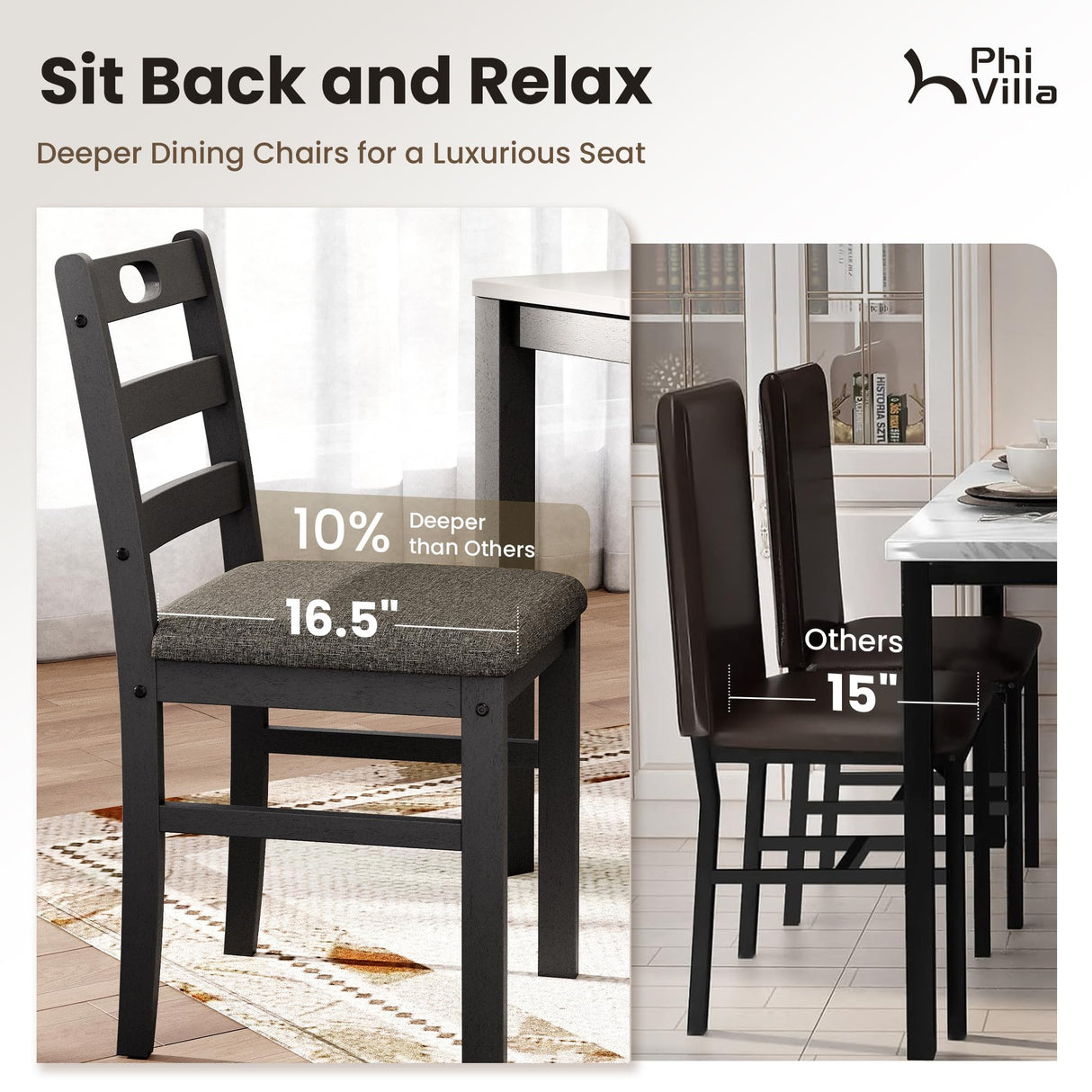 PHI VILLA Dining Table Set for 4, Modern Farmhouse Kitchen Table Set, Faux Marble Dining Table and 4 Cushioned Chairs, Solid Rubber Wood Dining Room Table Set, Venatino White Marble& Black PHI VILLA