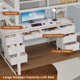 BTHFST Loft Bed with Desk, Full Metal Loft Bed with 8 Drawers Storage & Charging Station & LED Lights, 4 Open Storage Shelves, Noise-Free, Space-Saving, No Box Spring Needed BTHFST