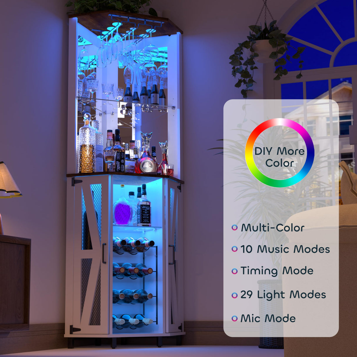 Oransail 68.9“ Tall Corner Bar Cabinet, Wine Bar with LED Light and Mirror, Farmhouse Liquor Cabinet with Adjustable Shelf & Glass Rack, for Dining Room, Living Room Oransail