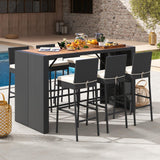 Toolsempire 7-Piece Outdoor Wicker Bar Set, PE Rattan Bar Height Dining Set with Acacia Wood Tabletop & Removable Cushions, Outdoor Wicker Bar Table & 6 Chairs, Patio Bistro Set for Deck & Porch Toolsempire