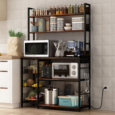 Chnnmbrn Kitchen Bakers Rack with Baskets and Power Outlet,5-Tier Kitchen Utility Storage Shelf with Hooks, Microwave Oven Stand Rack,Vintage Brown Free Standing Kitchen Shelf (Brown)