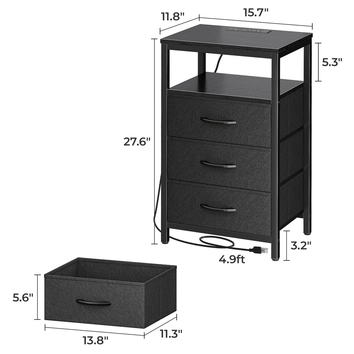 Huuger Nightstand with Charging Station, 27.6 Inch Side Table with Fabric Drawers, End Table Bedside Table with USB Ports and Outlets, Night Stand for Bedroom, Black Huuger