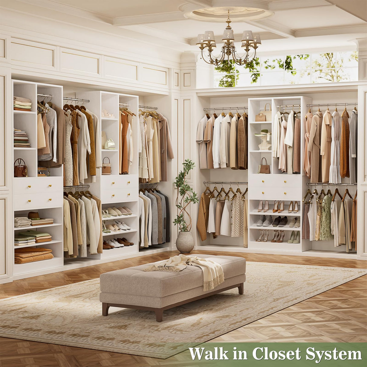 Besiost Closet System, 4.2–8.8 FT Closet Organizer with 2 Wooden Drawers and Shelves, Walk-in Closet System with 5 Hang Rods, Built-in Reach in Closet Tower, Can Fit 60 to 96 inch, White Besiost