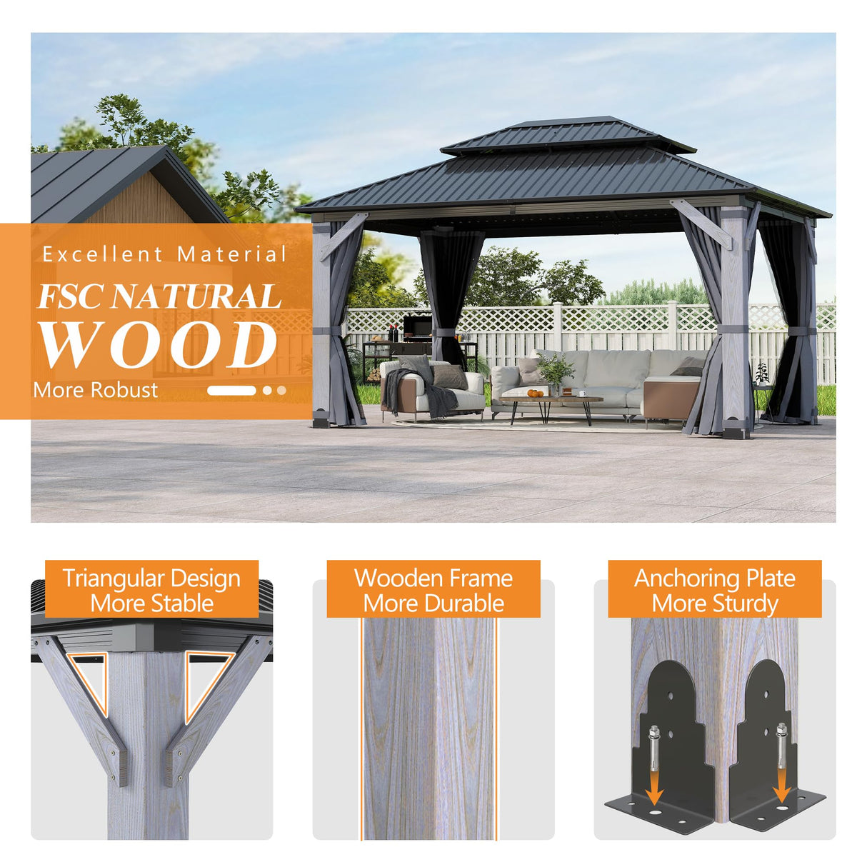 GARTOO 12' x 16' Outdoor Wood Gazebo - Permanent Wooden Hardtop Gazebo Pavilion with Double Curtains, Galvanized Steel Roof Cedar Wood Gazebos for Garden, Lawn, Poolside, Backyard Deck GARTOO